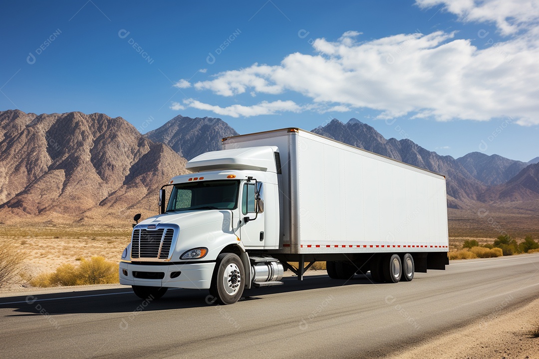 Uma van de carga branca com um trailer vazio em branco