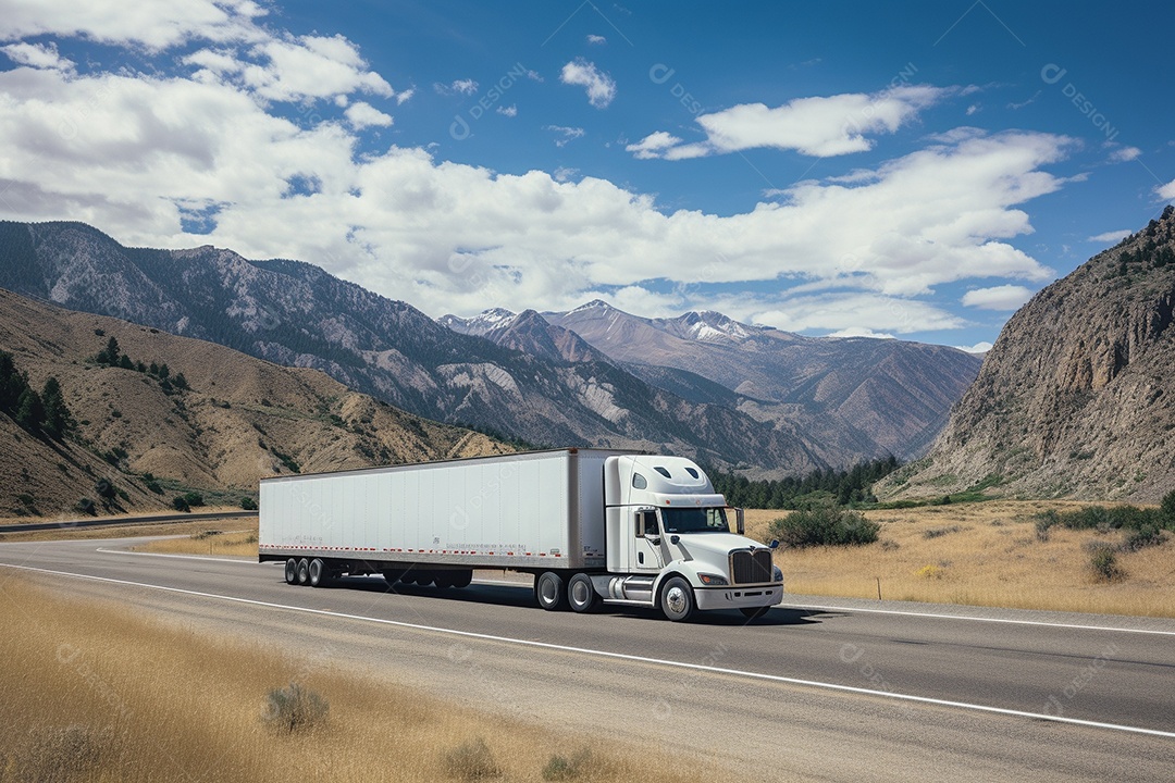 Uma van de carga branca com um trailer vazio em branco
