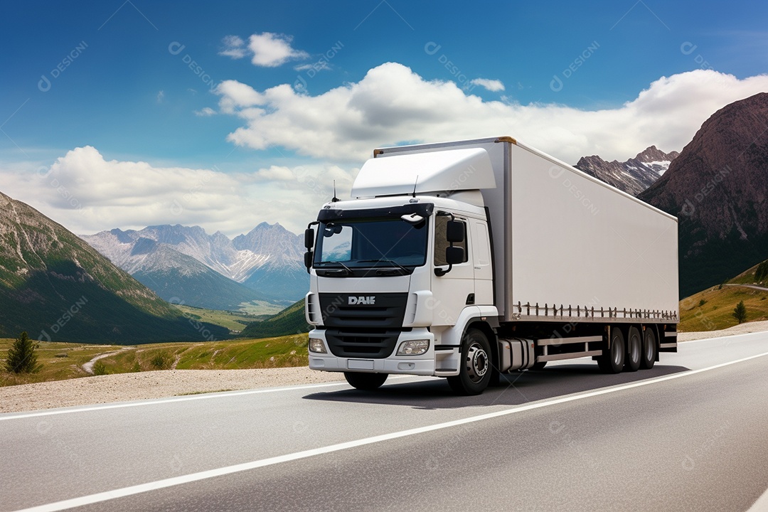 Caminhão de carga branco com um trailer vazio em branco para anúncio em uma rodovia na Europa