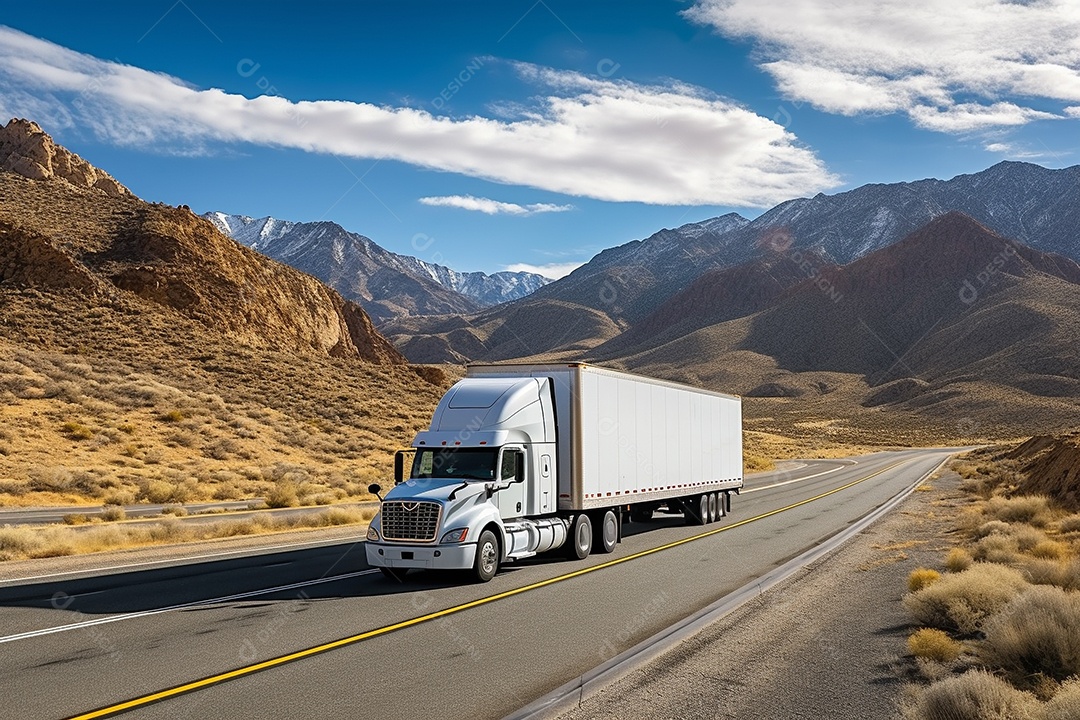 Caminhão de carga branco com um trailer vazio em branco para anúncio em uma rodovia na Europa