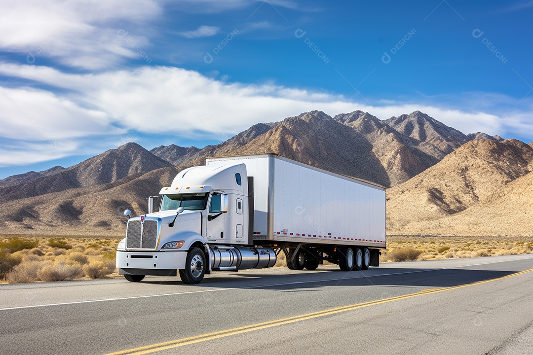 Caminhão de carga branco com um trailer vazio em branco para anúncio em uma rodovia na Europa