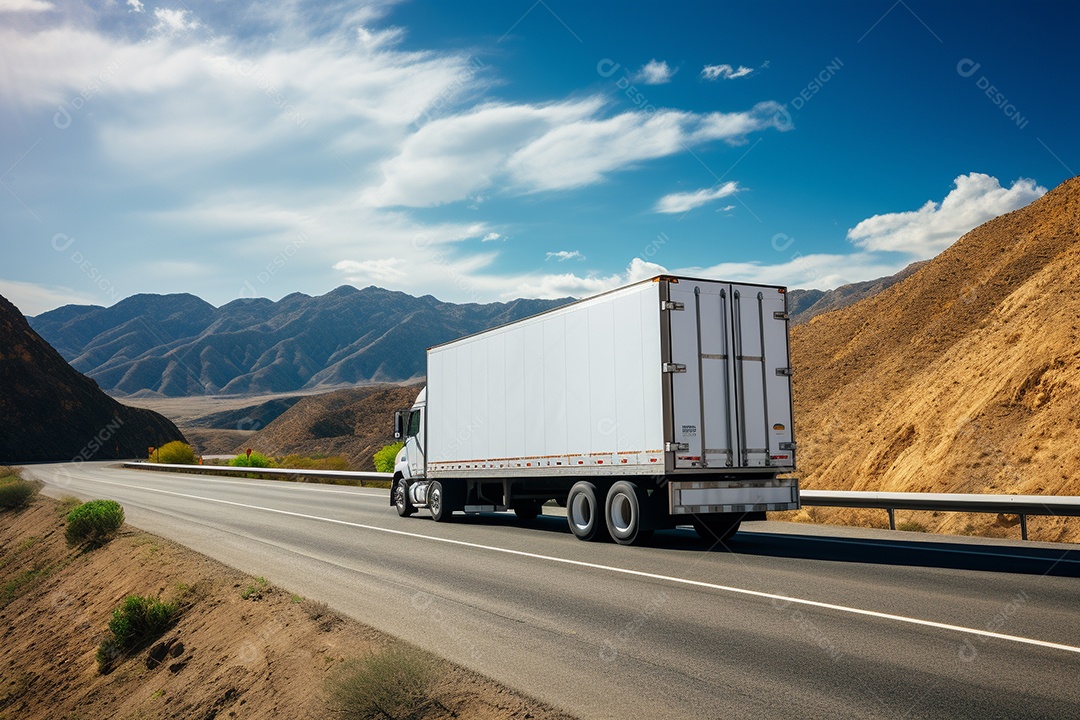 Caminhão de carga branco com um trailer vazio em branco para anúncio em uma rodovia na Europa