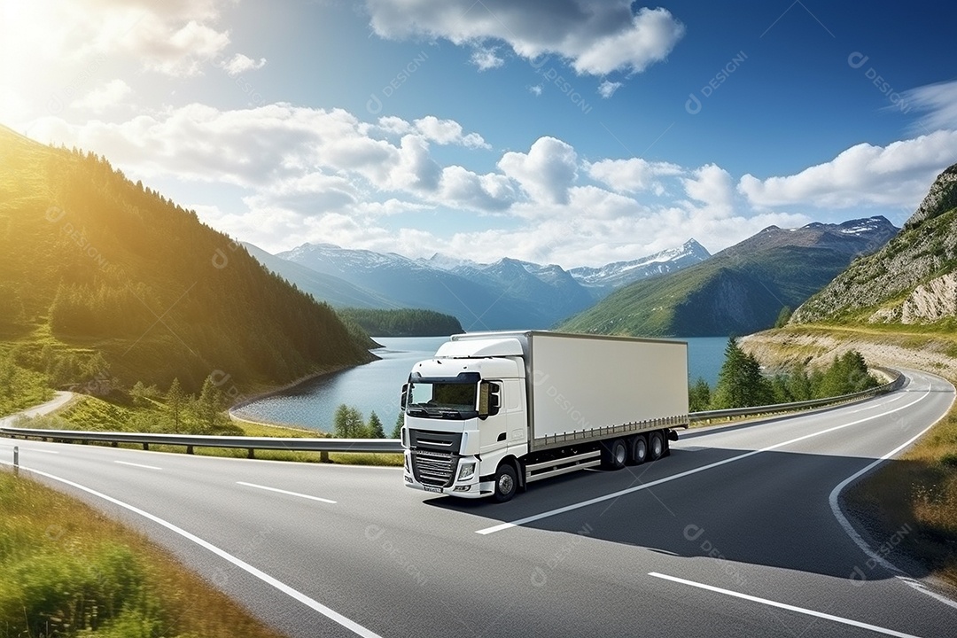 Caminhão de carga branco com um trailer vazio em branco para anúncio em uma rodovia na Europa