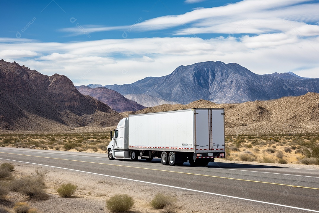 Uma van de carga branca com um trailer vazio em branco
