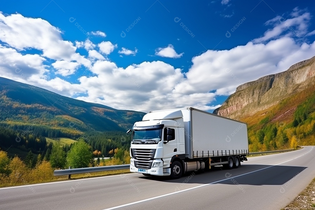 Uma van de carga branca com um trailer vazio em branco