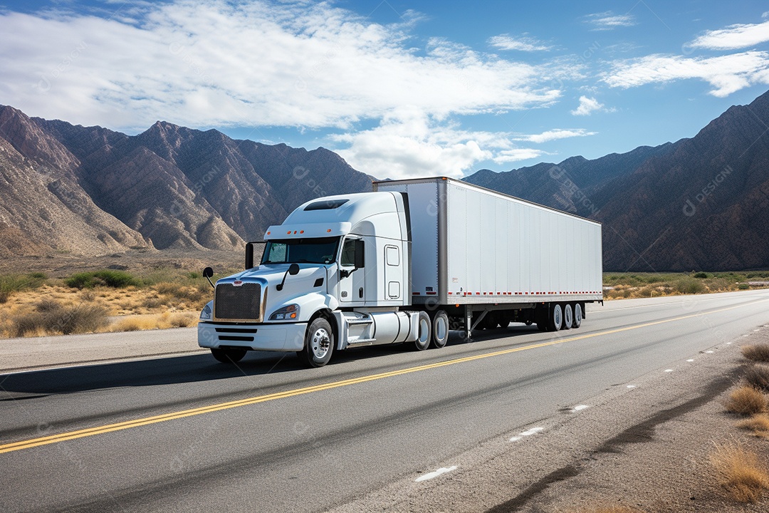 Uma van de carga branca com um trailer vazio em branco