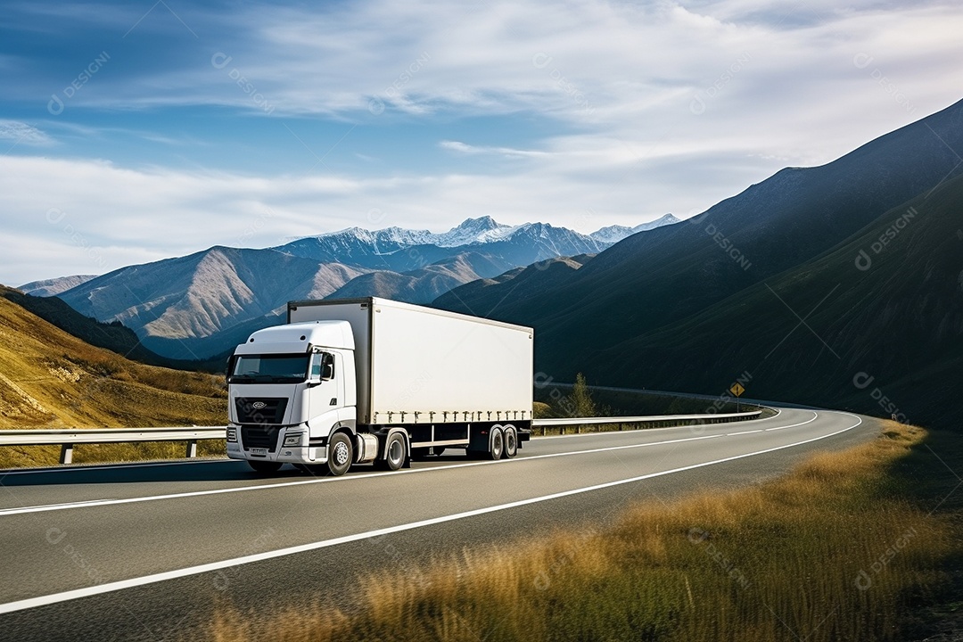 Uma van de carga branca com um trailer vazio em branco