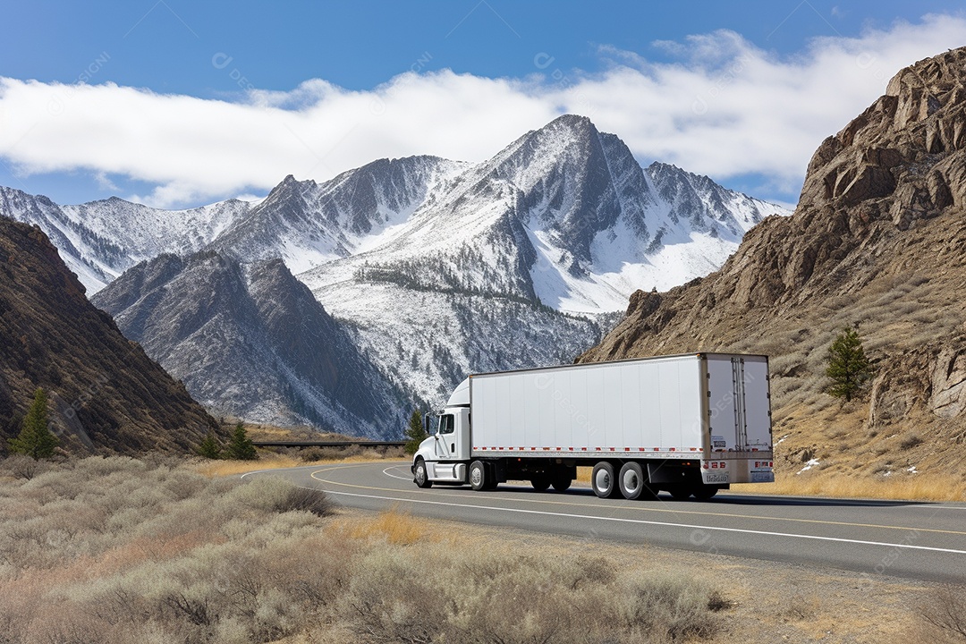 Uma van de carga branca com um trailer vazio em branco