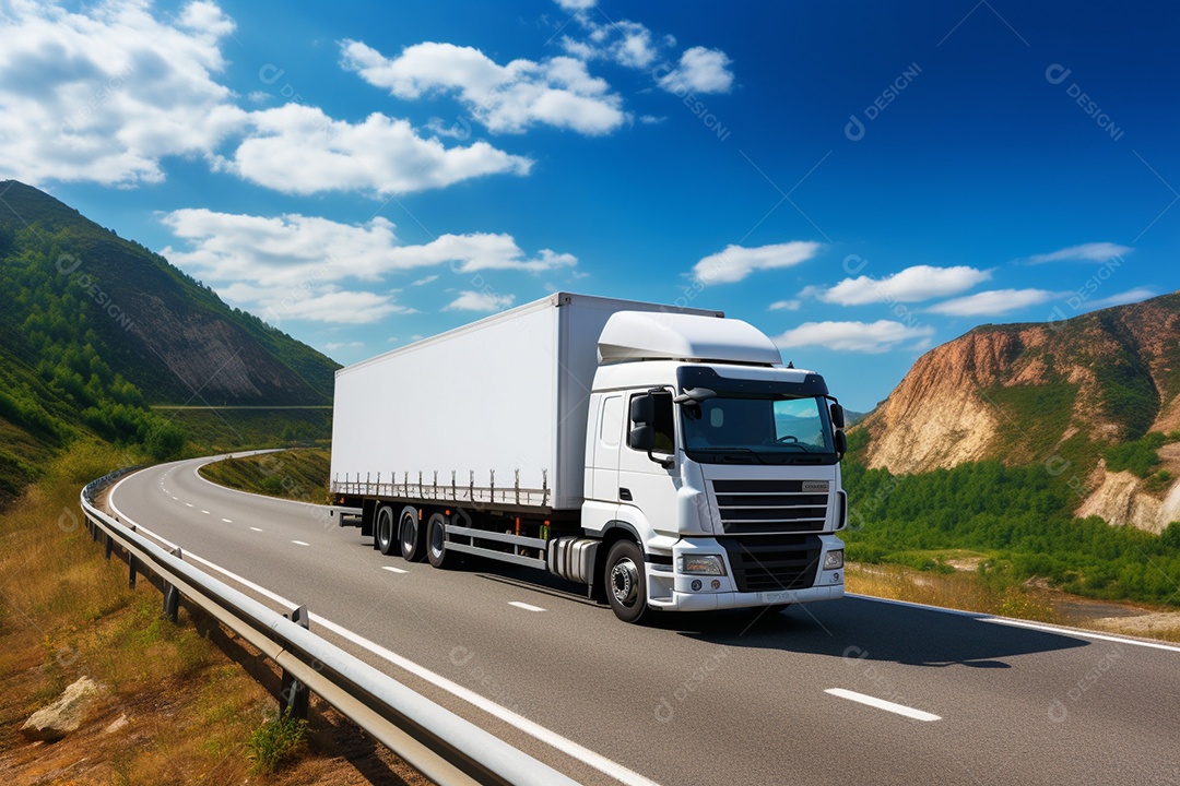 Uma van de carga branca com um trailer vazio em branco