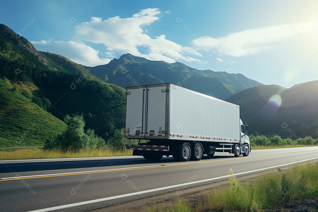 Caminhão de carga branco com um trailer vazio em branco para anúncio em uma rodovia na Europa