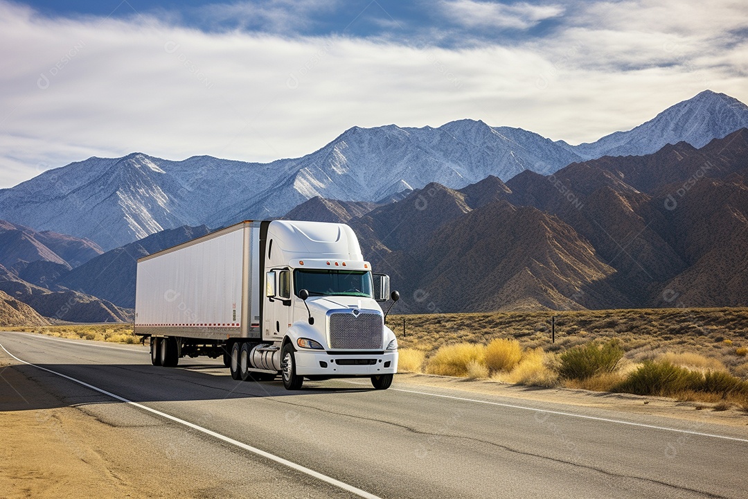 Caminhão de carga branco com um trailer vazio em branco para anúncio em uma rodovia na Europa