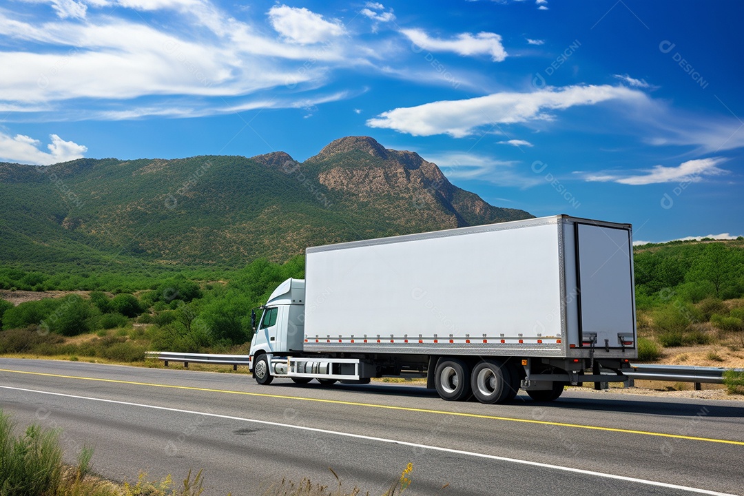 Uma van de carga branca com um trailer vazio em branco