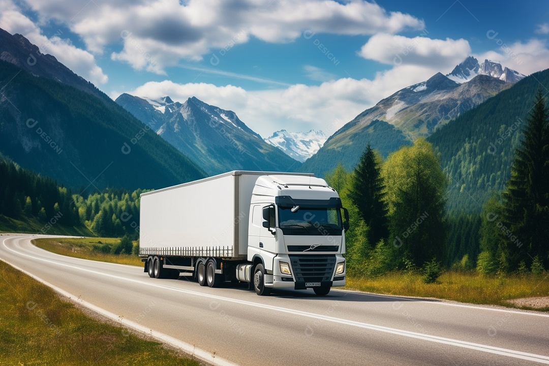 Uma van de carga branca com um trailer vazio em branco