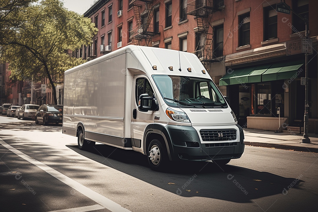 Uma van de carga branca com um trailer vazio em branco