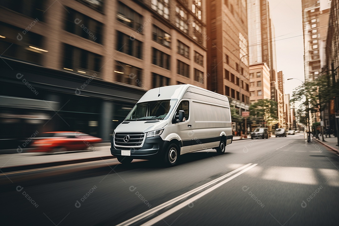 Uma van de carga branca com um trailer vazio em branco