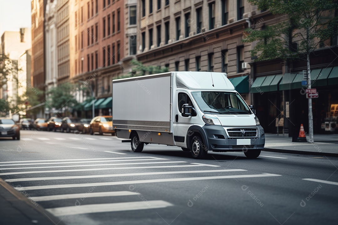 Uma van de carga branca com um trailer vazio em branco