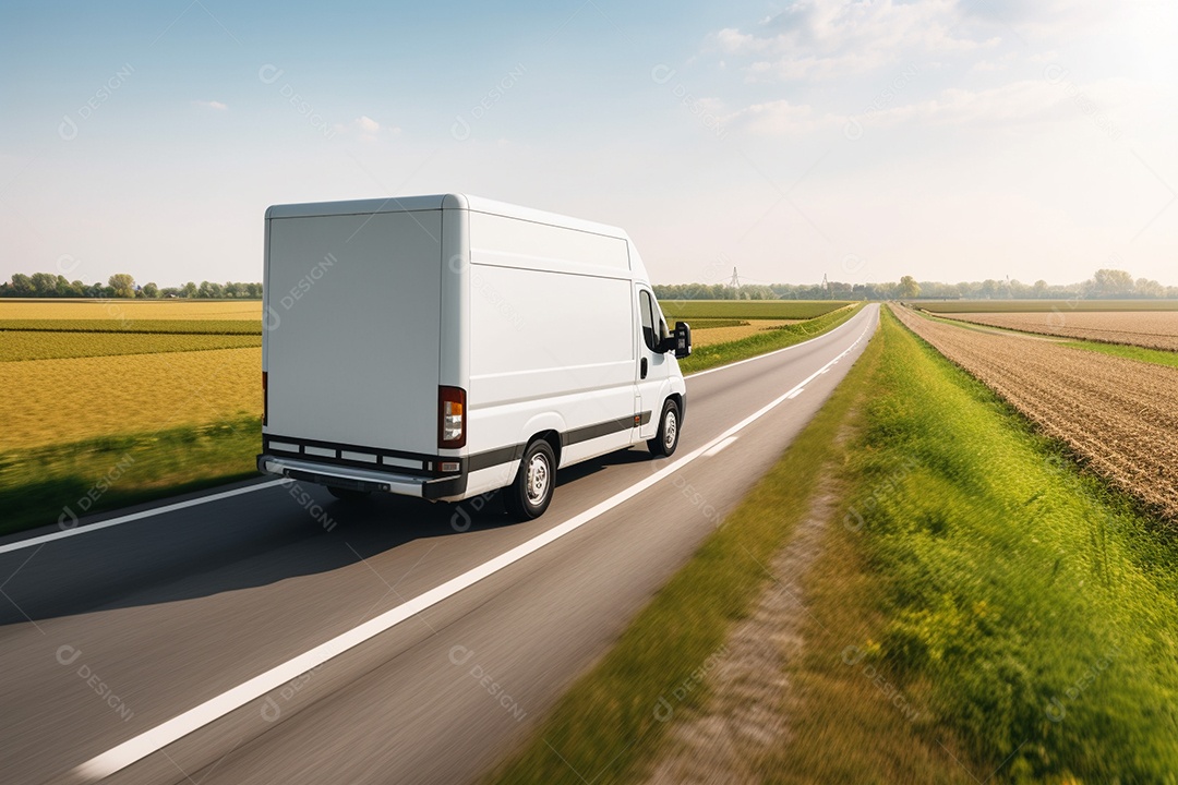 Uma van de carga branca com um trailer vazio em branco