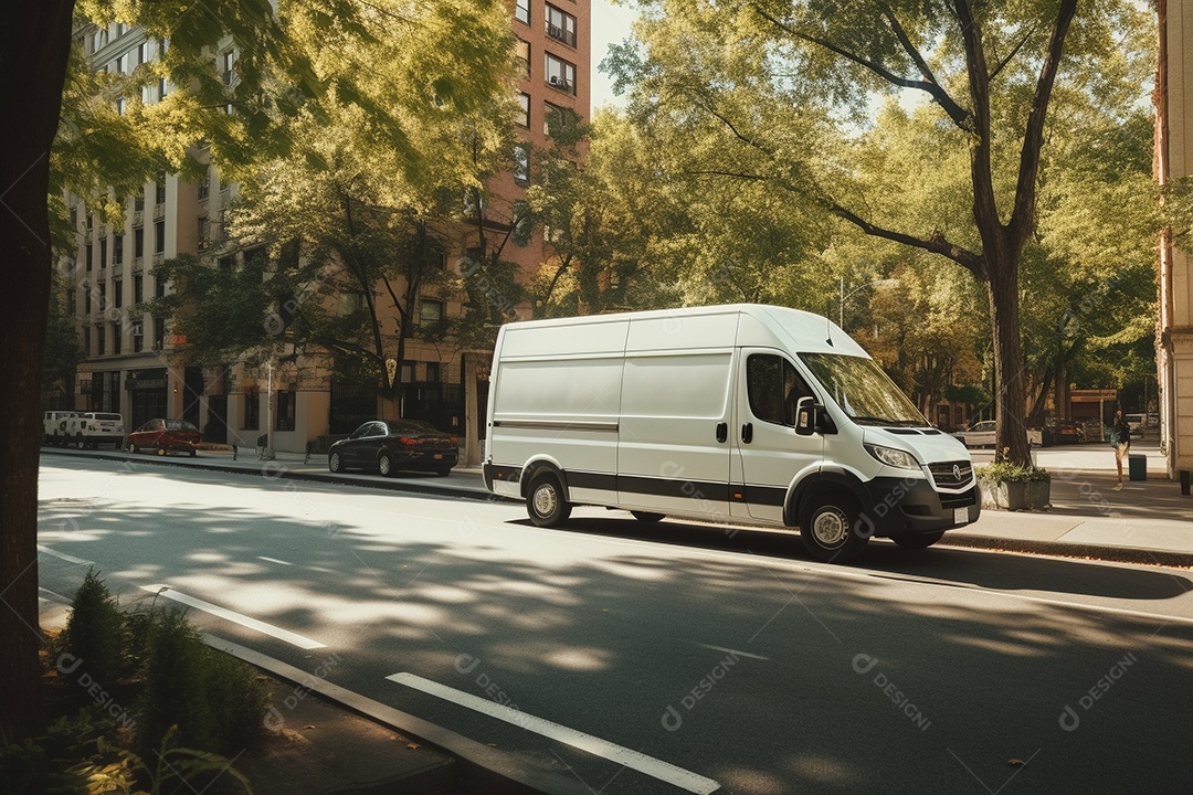 Uma van de carga branca com um trailer vazio em branco