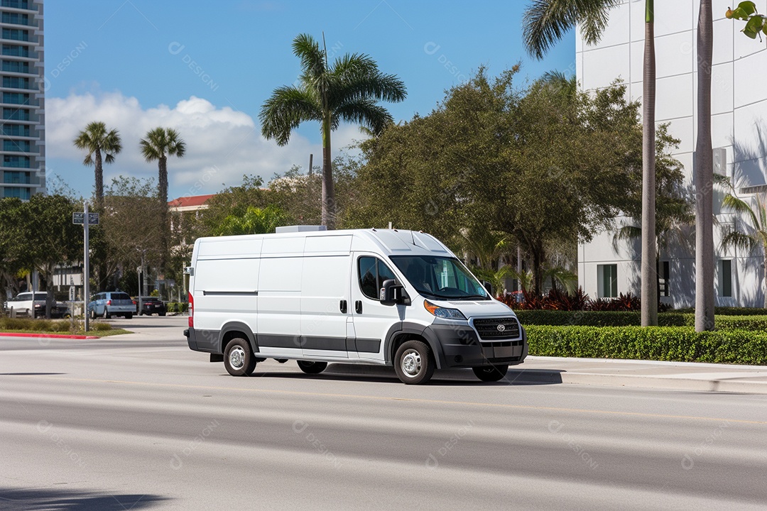 Uma van de carga branca com um trailer vazio em branco