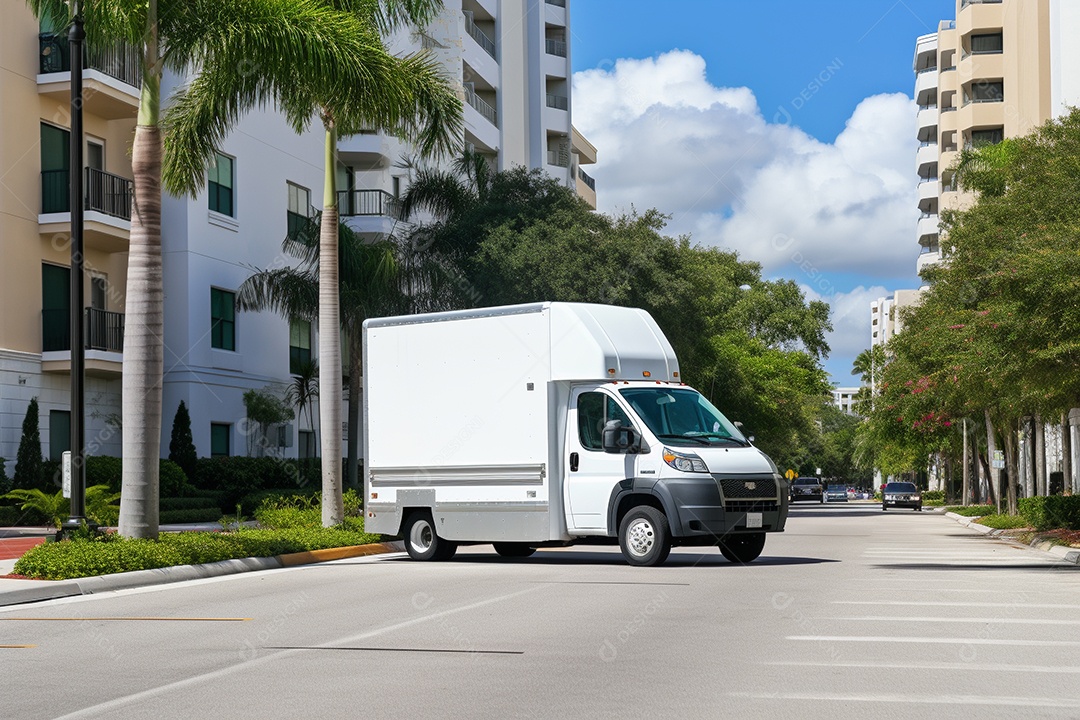 Uma van de carga branca com um trailer vazio em branco