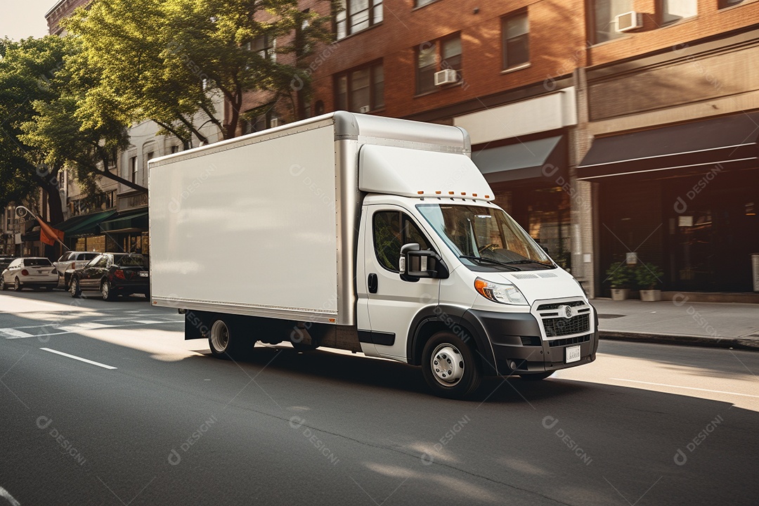 Uma van de carga branca com um trailer vazio em branco