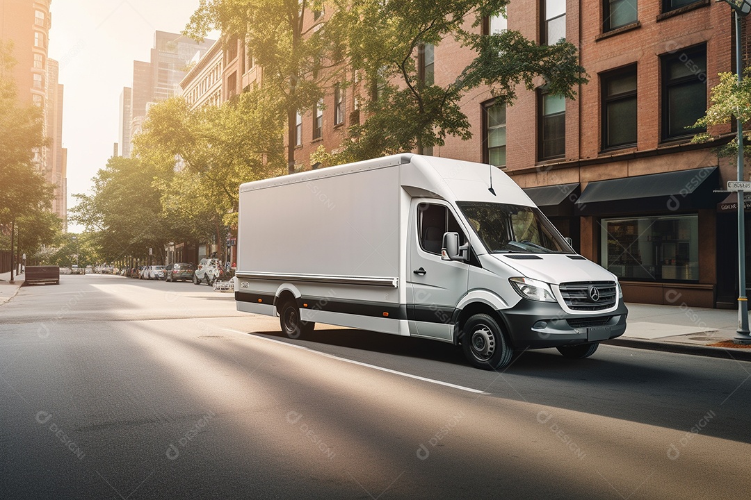 Uma van de carga branca com um trailer vazio em branco