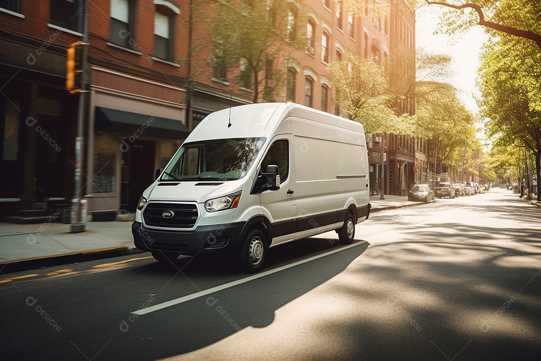 Uma van de carga branca com um trailer vazio em branco