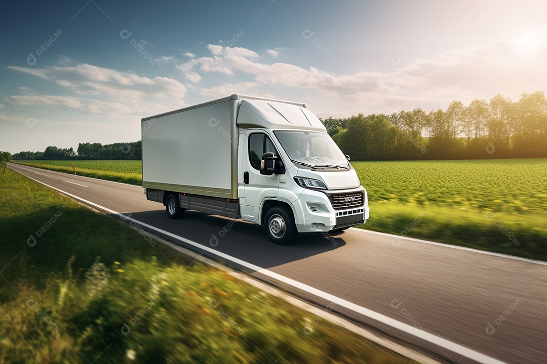 Uma van de carga branca com um trailer vazio em branco