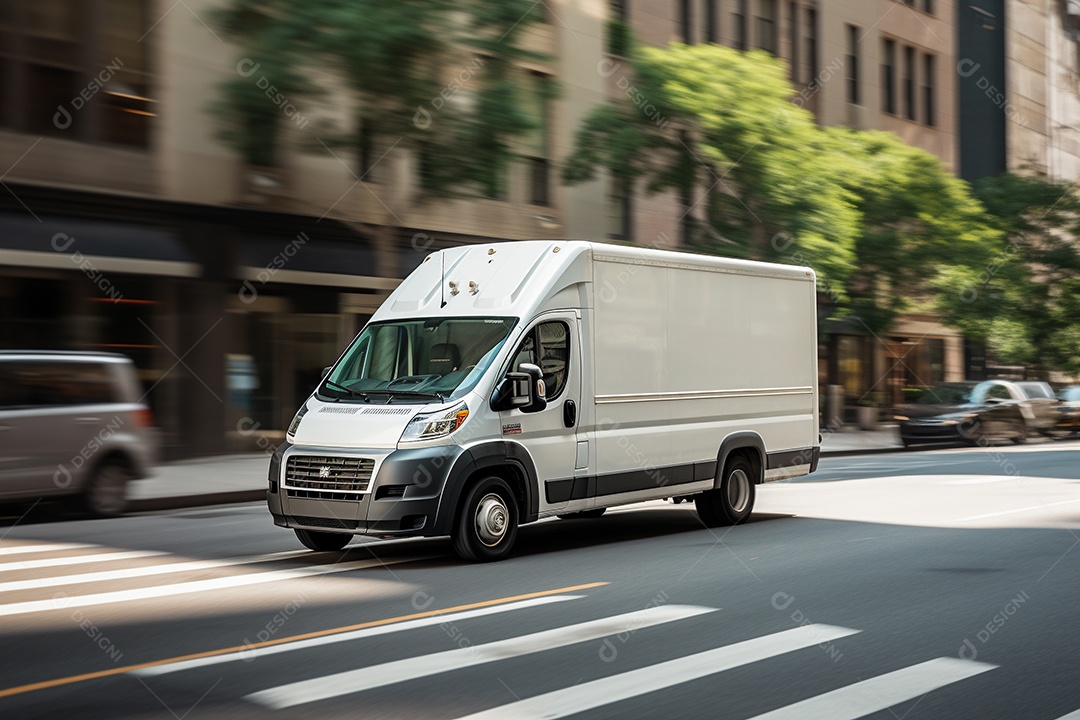 Uma van de carga branca com um trailer vazio em branco