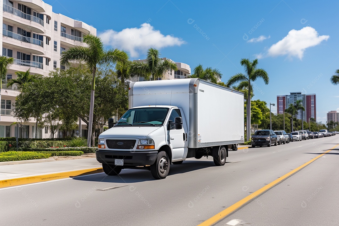 Uma van de carga branca com um trailer vazio em branco