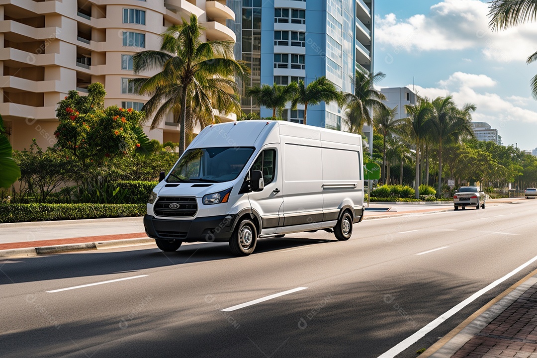Uma van de carga branca com um trailer vazio em branco