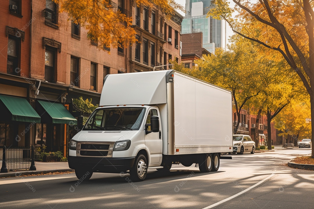 Uma van de carga branca com um trailer vazio em branco