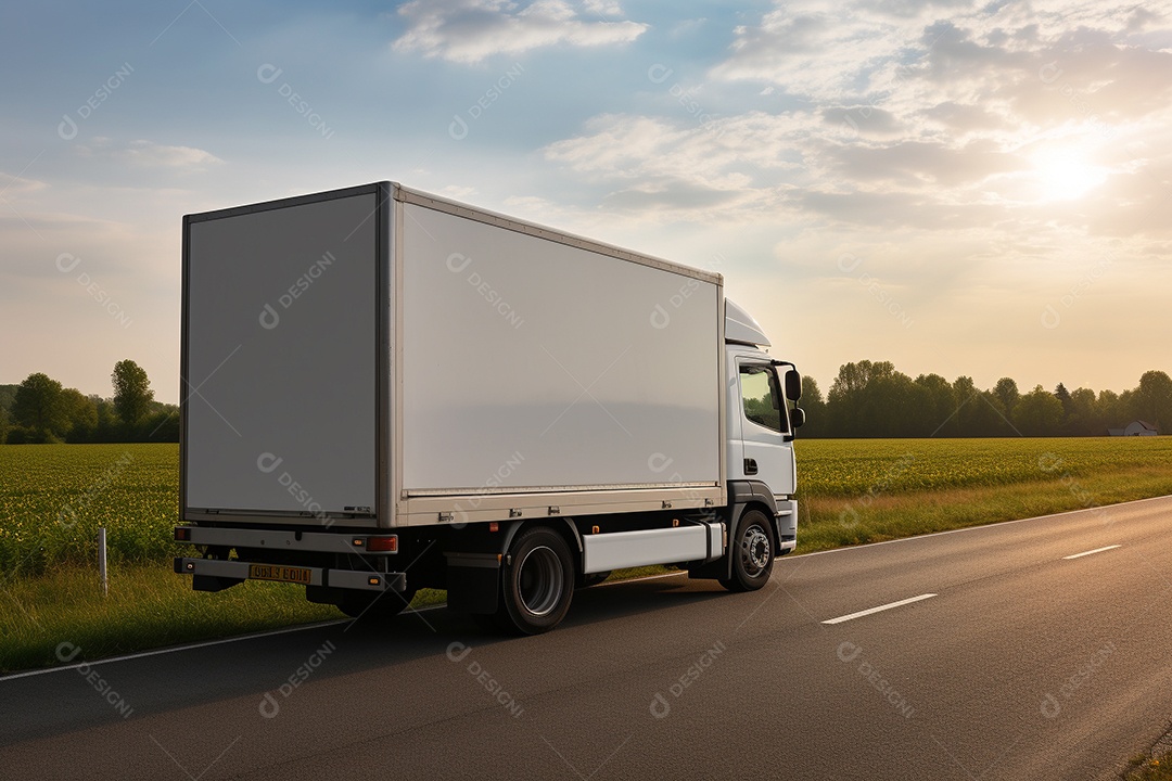 Uma van de carga branca com um trailer vazio em branco