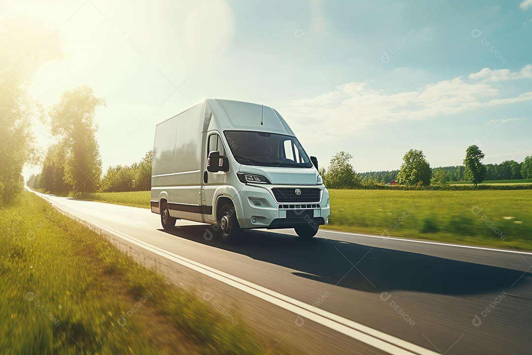 Uma van de carga branca com um trailer vazio em branco