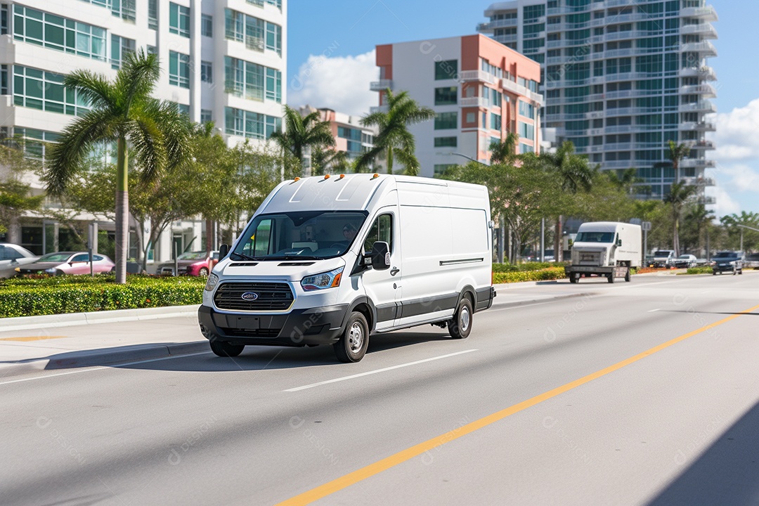 Uma van de carga branca com um trailer vazio em branco
