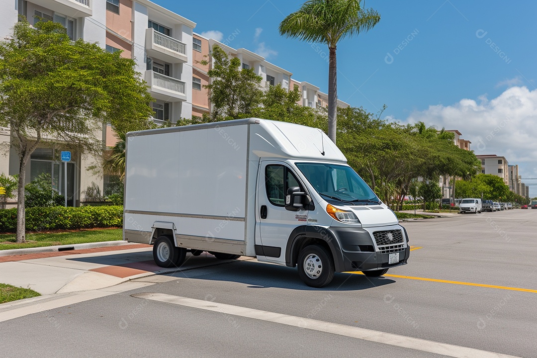 Uma van de carga branca com um trailer vazio em branco