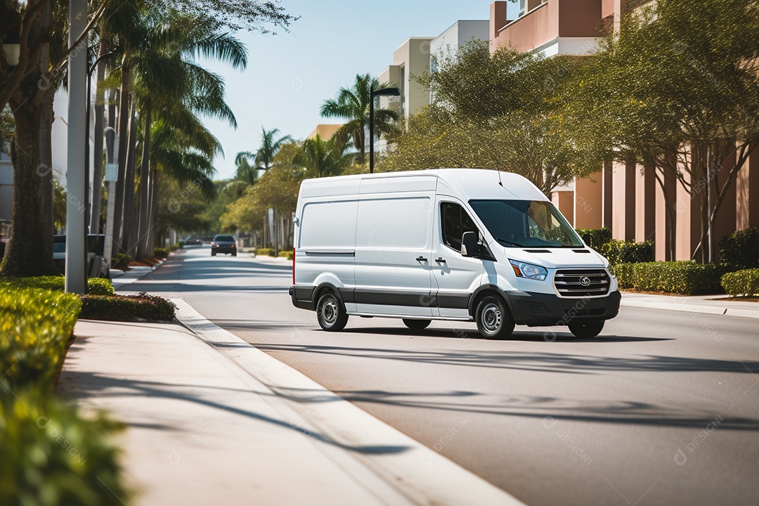 Uma van de carga branca com um trailer vazio em branco