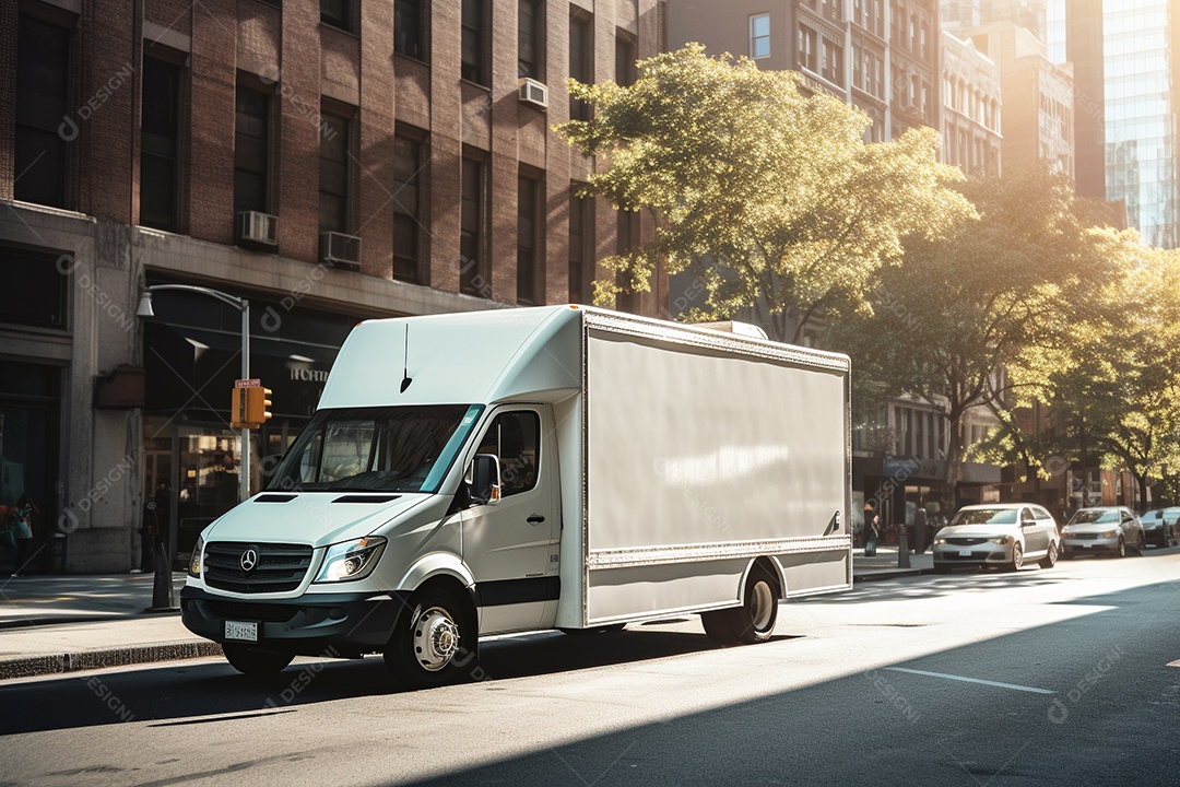 Uma van de carga branca com um trailer vazio em branco