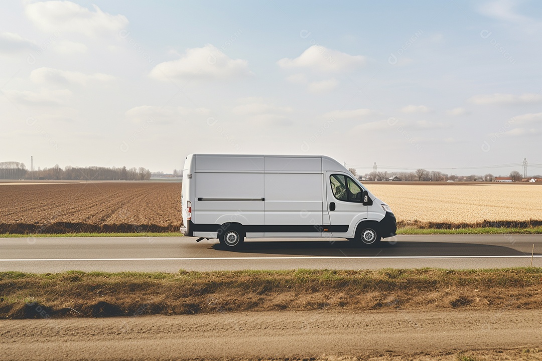 Uma van de carga branca com um trailer vazio em branco