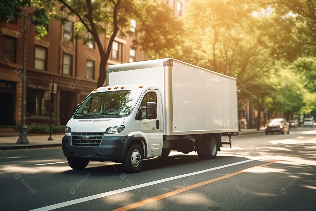 Uma van de carga branca com um trailer vazio em branco