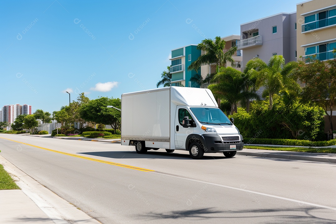 Uma van de carga branca com um trailer vazio em branco