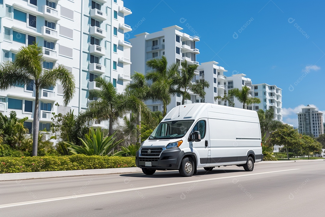 Uma van de carga branca com um trailer vazio em branco