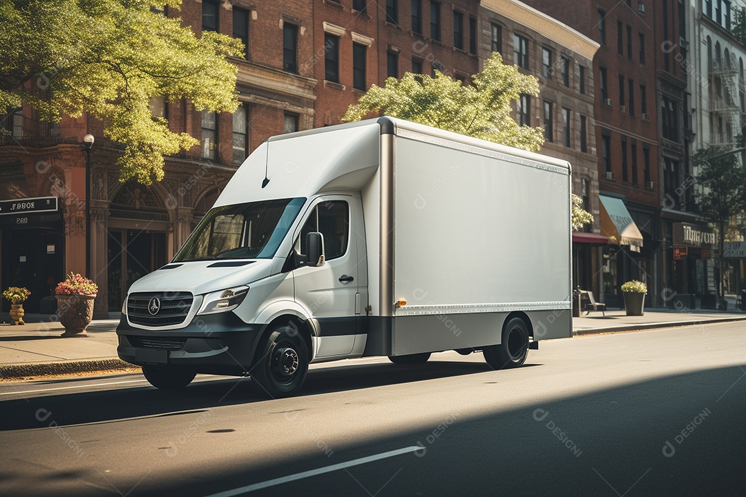 Uma van de carga branca com um trailer vazio em branco