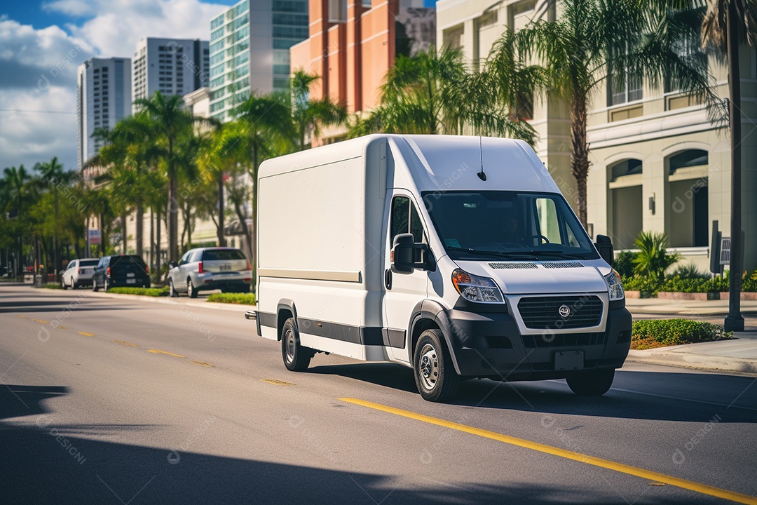 Uma van de carga branca com um trailer vazio em branco