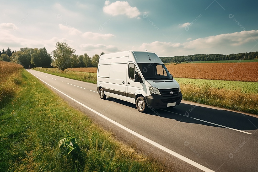 Uma van de carga branca com um trailer vazio em branco