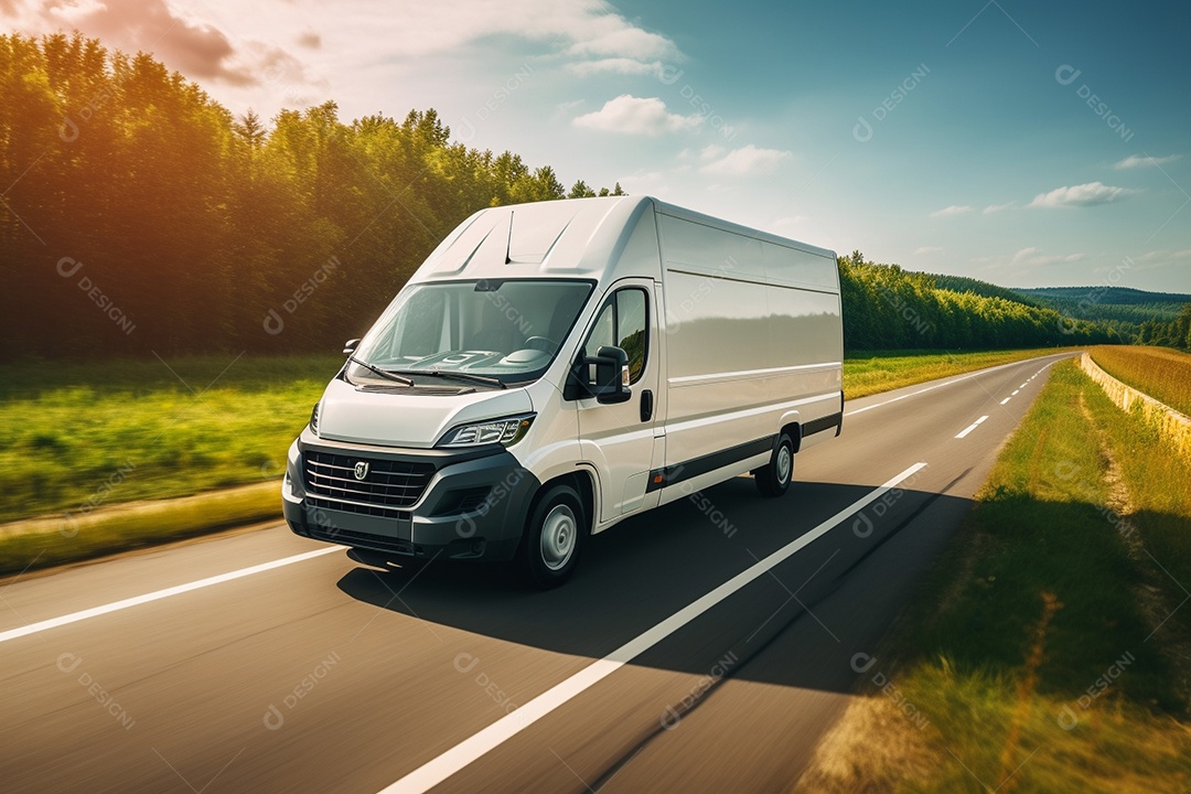 Uma van de carga branca com um trailer vazio em branco