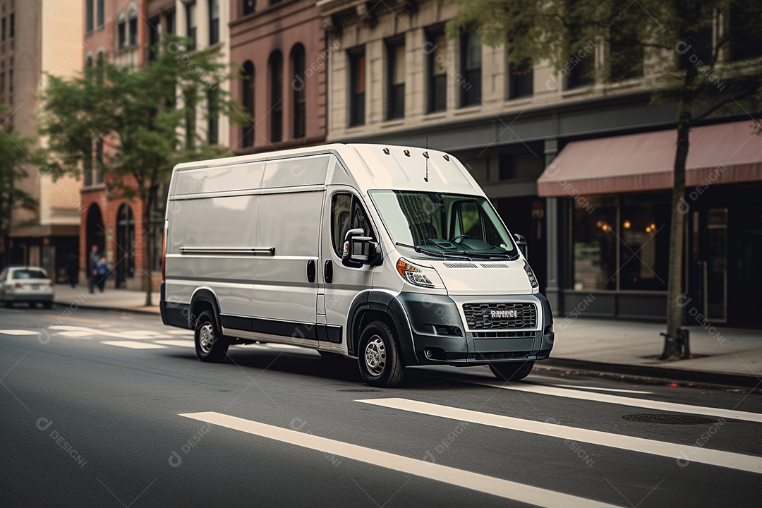 Uma van de carga branca com um trailer vazio em branco