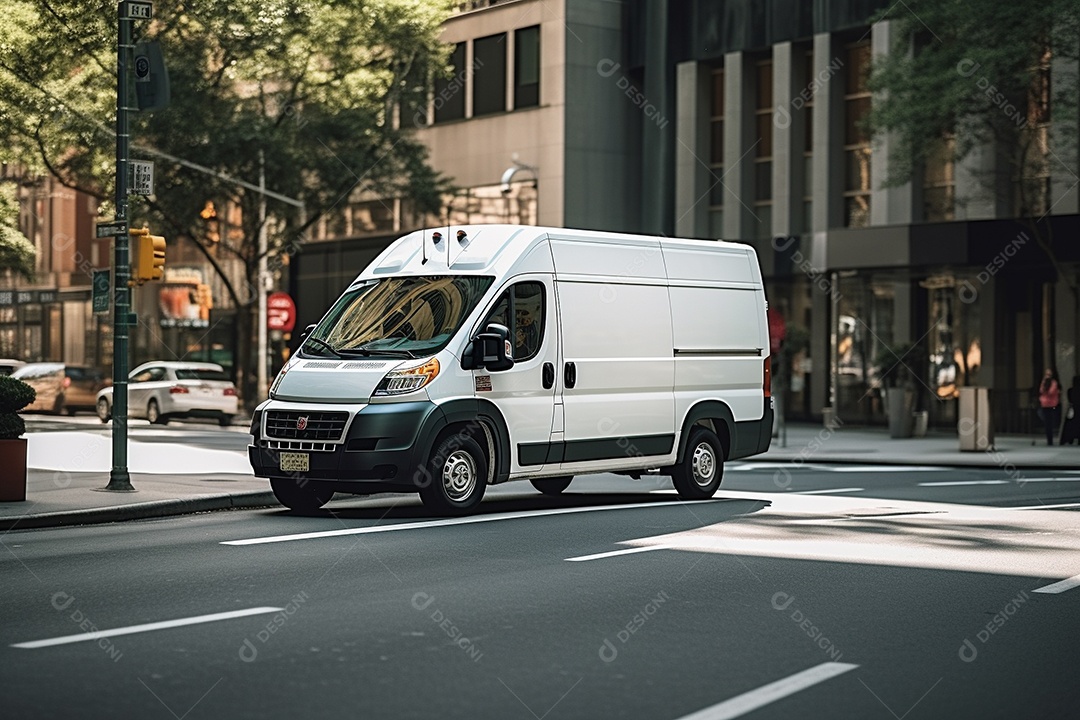 Uma van de carga branca com um trailer vazio em branco
