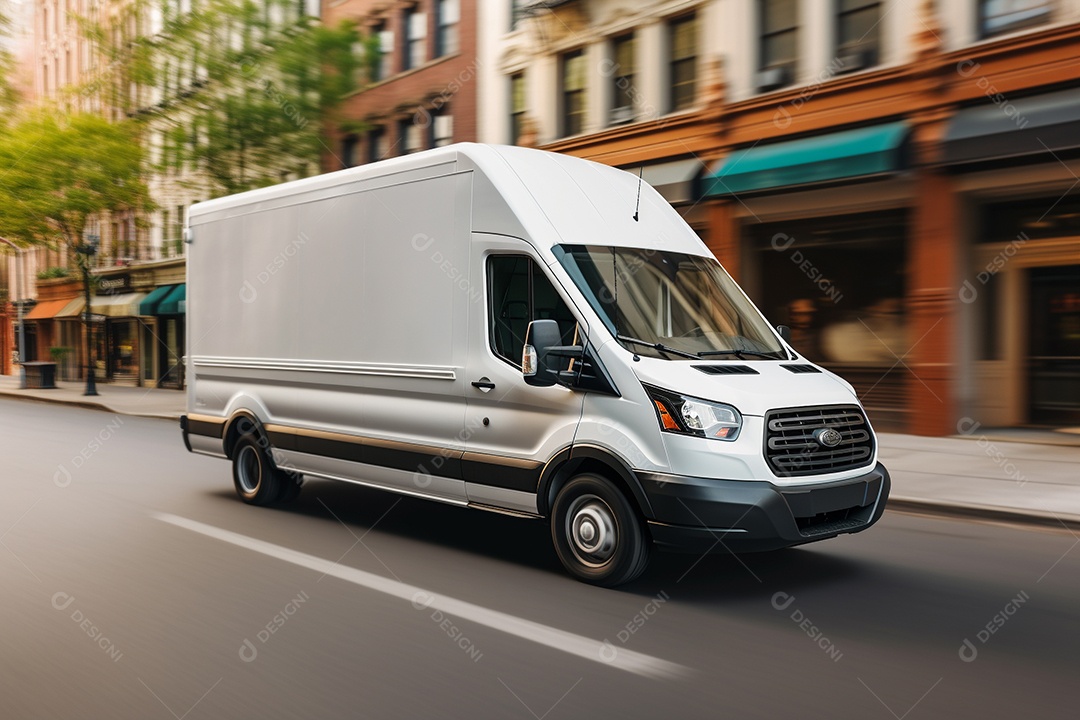 Uma van de carga branca com um trailer vazio em branco