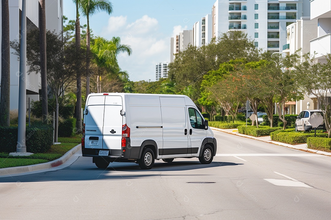 Uma van de carga branca com um trailer vazio em branco